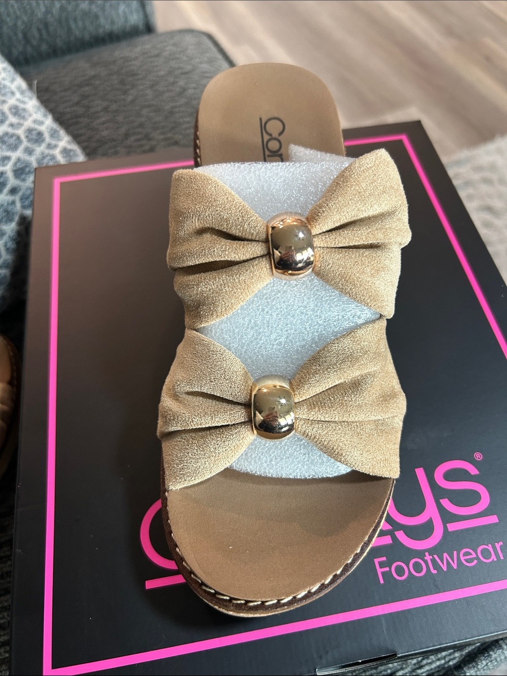Corkys Women's Faux Suede Tan Double-Bow Slide Sandals